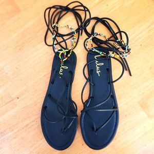 Lulus Gladiator Sandals Black Lace Up with Beads Size 7.5